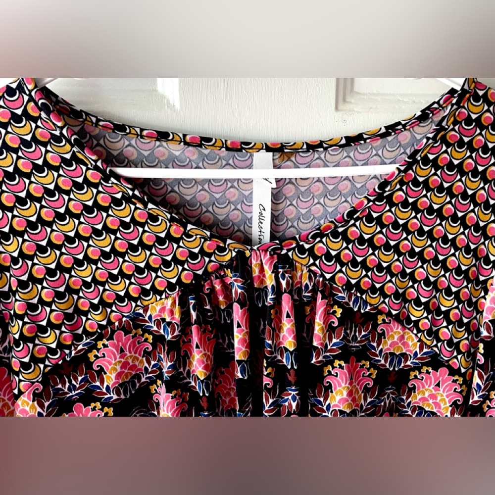 NY Collection Pink Black Boho Print Double Ruffle Bell Sleeve Knit Blouse 2X ? - Picture 2 of 6